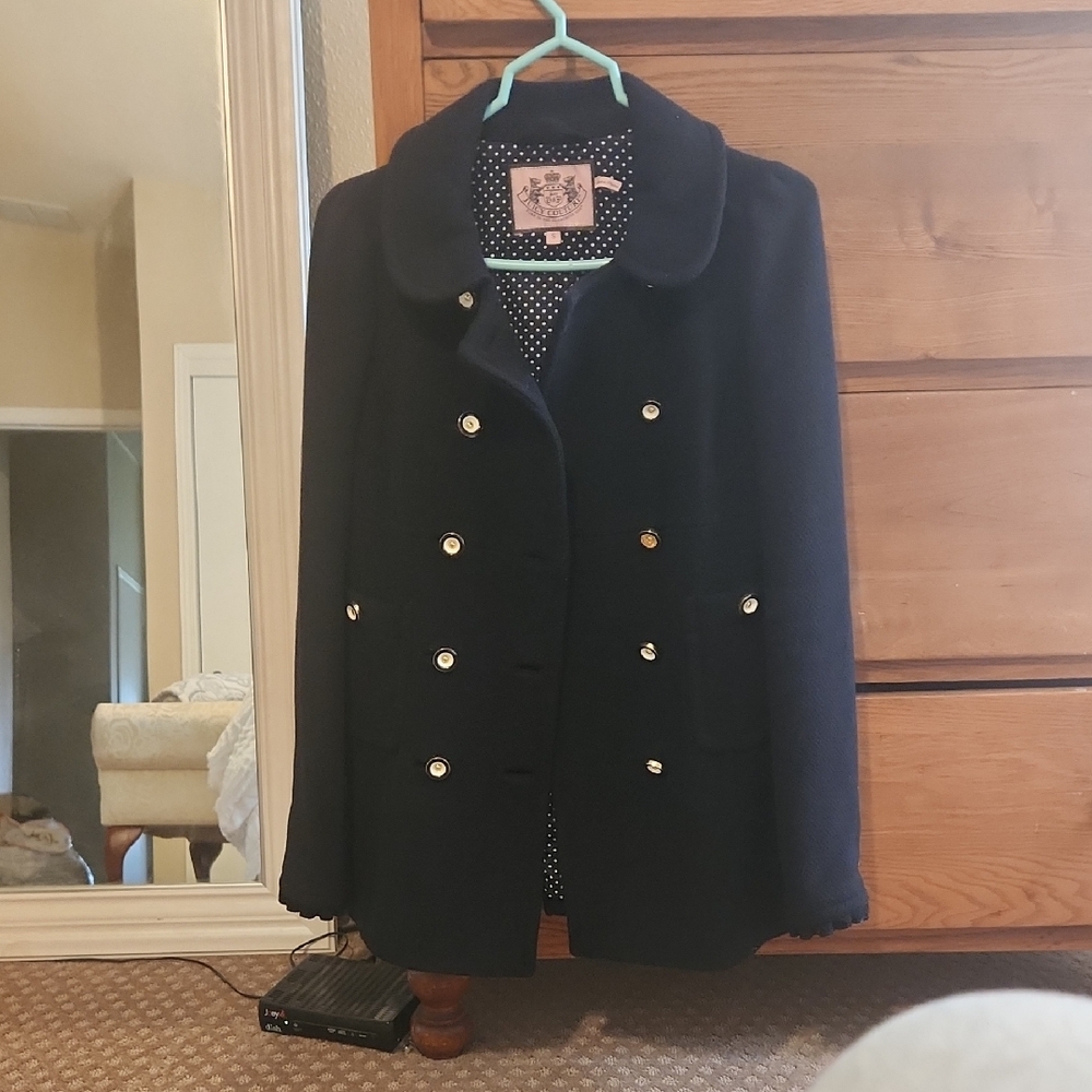 Juicy Couture Navy Pea Coat with Gold Buttons 29 Inches Long . Good Condition